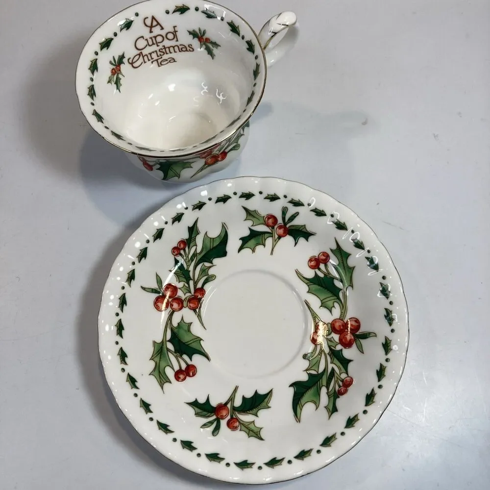 A Cup Of Christmas Tea Cup & Saucer Set Waldman House Tom Hegg Hanson Bone China